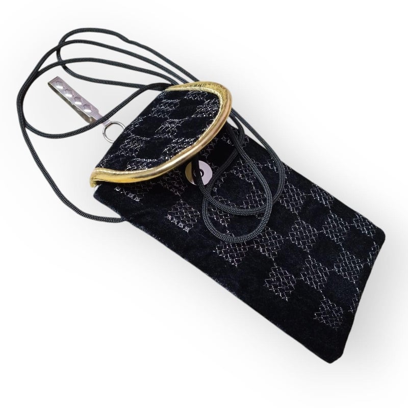 SUMERA WARQ Velvet Mobile Phone Pouch, Snowflake Embroidered Pattern, Multicolor with Gold Trim, Sling and Clip (Black) - Image 3