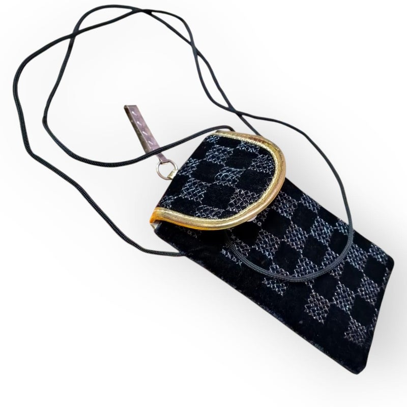 SUMERA WARQ Velvet Mobile Phone Pouch, Snowflake Embroidered Pattern, Multicolor with Gold Trim, Sling and Clip (Black) - Image 2