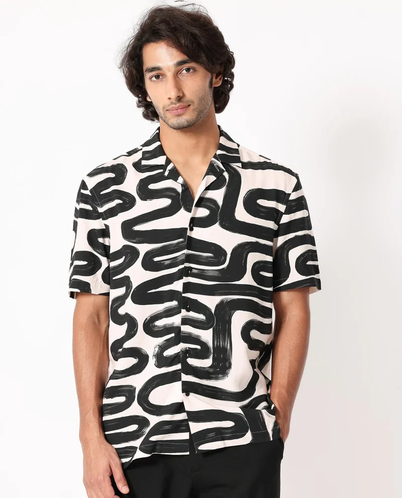 Rare Rabbit Rare Rabbit Men's Salto Beige Viscose Fabric Cuban Collar Abstract Print Half Sleeves Shirt