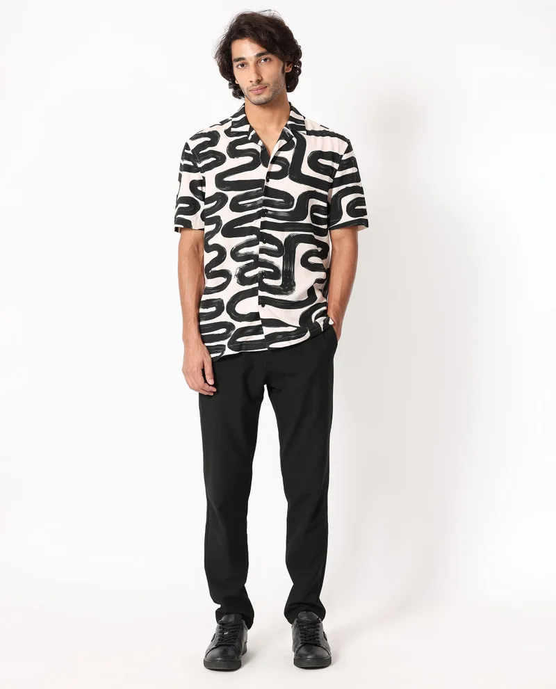 Rare Rabbit Rare Rabbit Men's Salto Beige Viscose Fabric Cuban Collar Abstract Print Half Sleeves Shirt