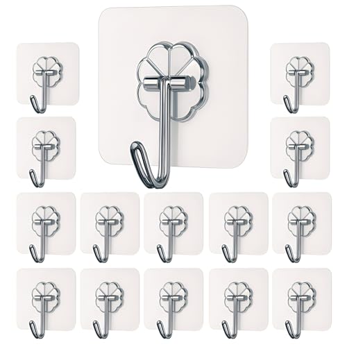 DALUCI Self Adhesive Wall Hooks - Heavy Duty 15 Pcs Hooks for Wall Heavy Items Nail Free Wall Hanger Hook Without Drilling – Sticky Wall Hooks for Hanging Towel, Coat & Key (Flower Hook, 15) - Image 1