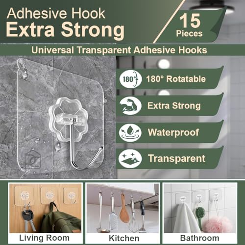 DALUCI Self Adhesive Wall Hooks - Heavy Duty 15 Pcs Hooks for Wall Heavy Items Nail Free Wall Hanger Hook Without Drilling – Sticky Wall Hooks for Hanging Towel, Coat & Key (Flower Hook, 15) - Image 2