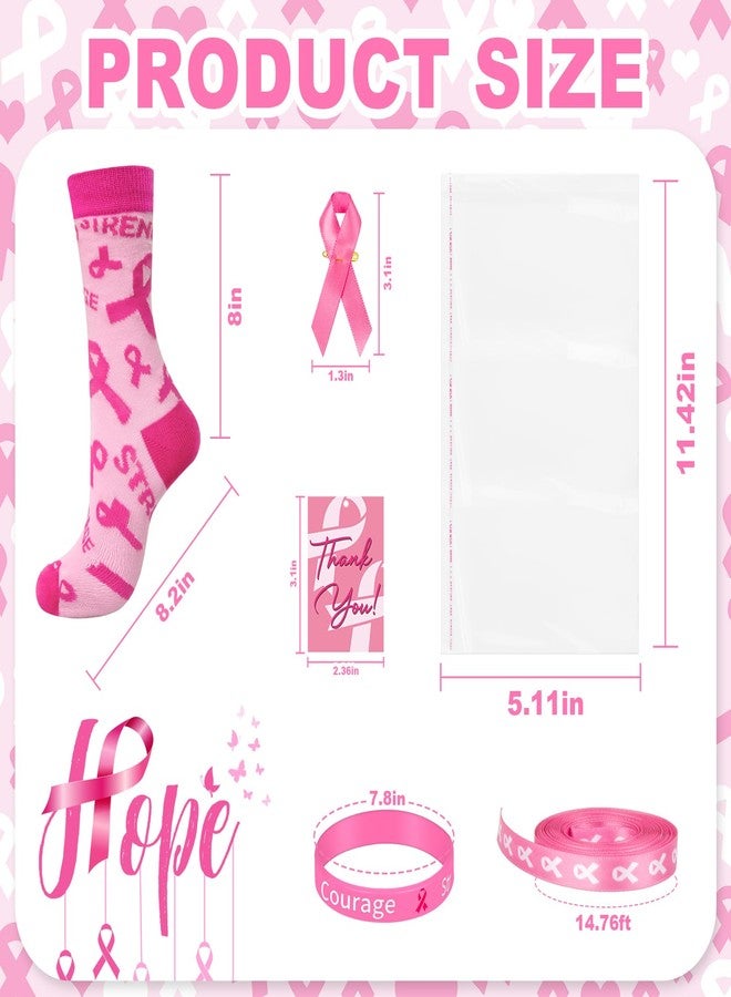 Demonwer 15 Sets Breast Cancer Awareness Accessories Gifts Set Pink Ribbon Pins Socks Bracelets Thank You Card for Women Nurse Breast Cancer Charity Event Survivor Campaign Party Supplies - Image 2