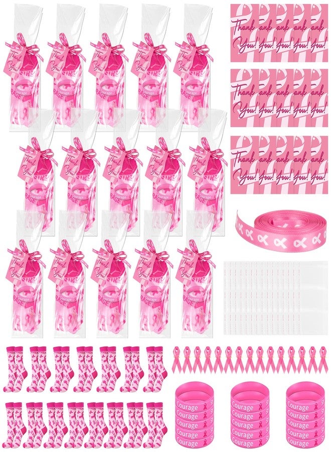 Demonwer 15 Sets Breast Cancer Awareness Accessories Gifts Set Pink Ribbon Pins Socks Bracelets Thank You Card for Women Nurse Breast Cancer Charity Event Survivor Campaign Party Supplies - Image 1