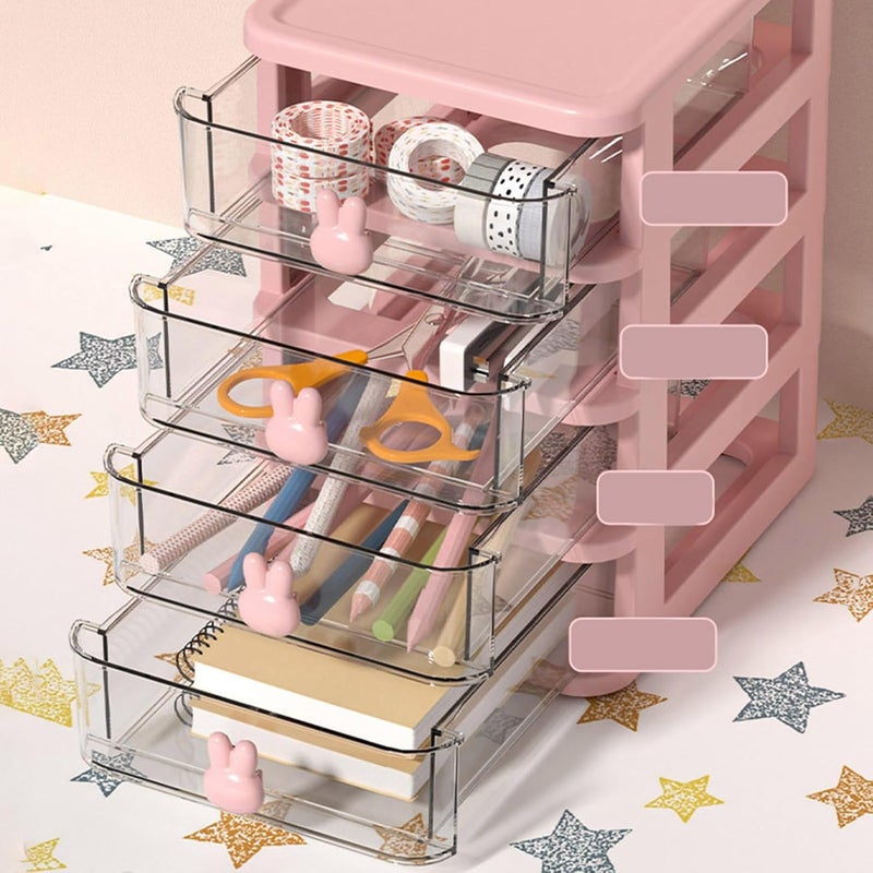 Desk Storage Box, Multi Tier Transparent Plastic Large Capacity Small Drawer Organizer for Book Pen Office, with Super Cute Bunny Shaped Handle (Pink) - Image 4