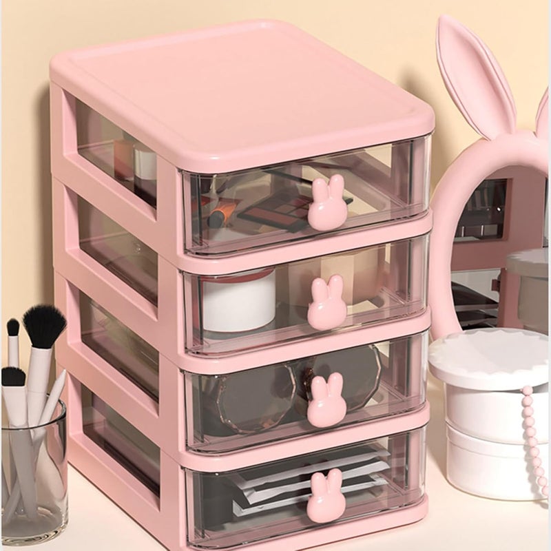 Desk Storage Box, Multi Tier Transparent Plastic Large Capacity Small Drawer Organizer for Book Pen Office, with Super Cute Bunny Shaped Handle (Pink) - Image 1