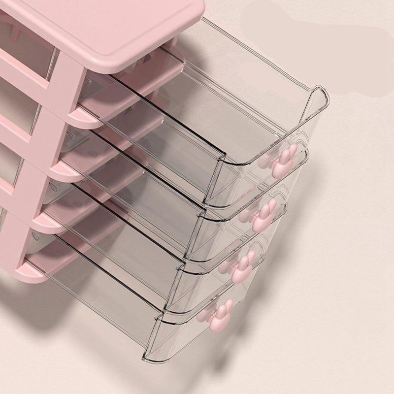 Desk Storage Box, Multi Tier Transparent Plastic Large Capacity Small Drawer Organizer for Book Pen Office, with Super Cute Bunny Shaped Handle (Pink) - Image 2