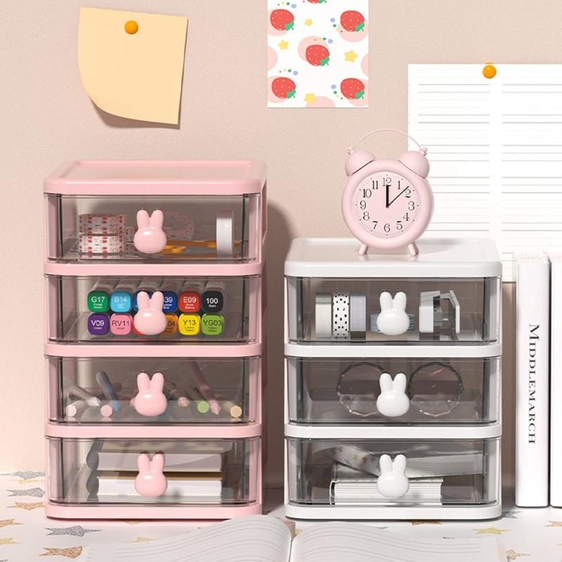 Desk Storage Box, Multi Tier Transparent Plastic Large Capacity Small Drawer Organizer for Book Pen Office, with Super Cute Bunny Shaped Handle (Pink) - Image 3