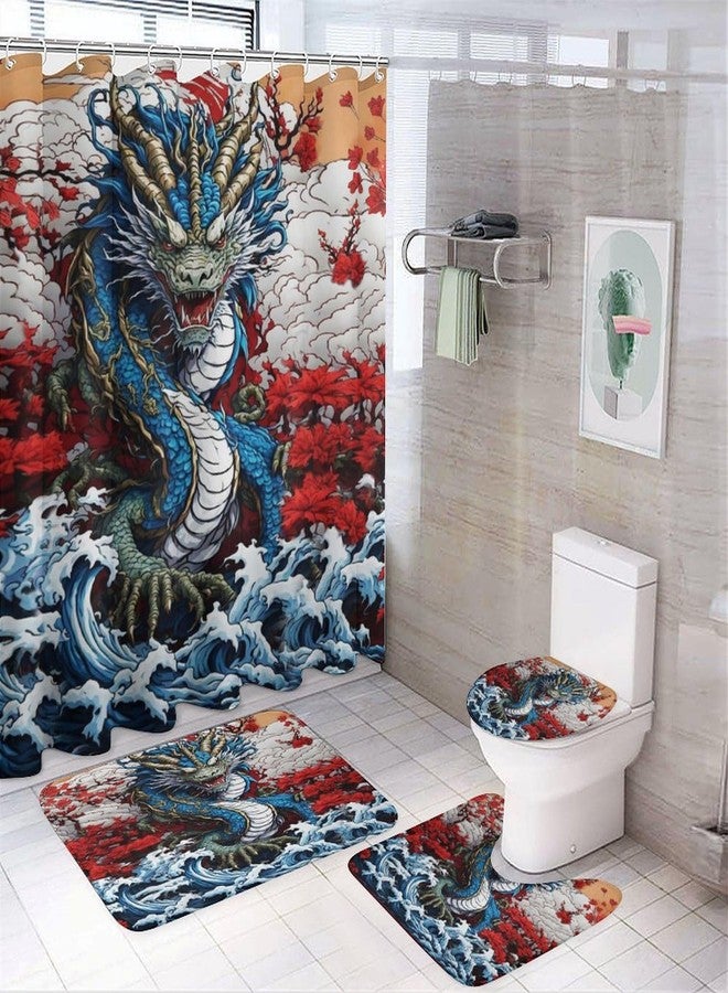 FBMLBRB Brebasf Cool Japanese Anime Dragon 4 Pieces Shower Curtain Set, Vintage Watercolor Japan Great Wave Dragon Non-Slip Rugs Toilet Lid Cover Bath Mat and Bathroom Curtain - Image 1