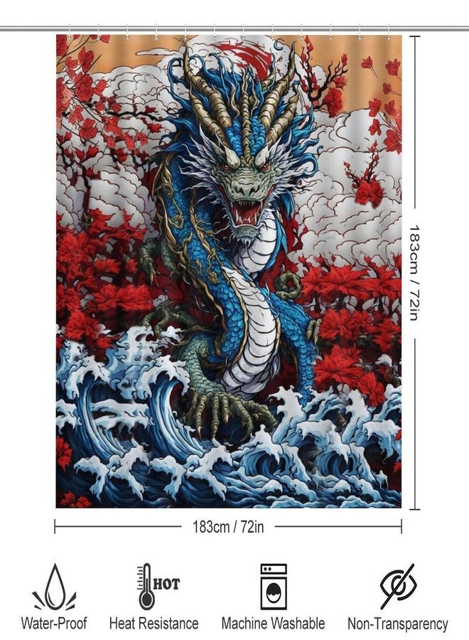 FBMLBRB Brebasf Cool Japanese Anime Dragon 4 Pieces Shower Curtain Set, Vintage Watercolor Japan Great Wave Dragon Non-Slip Rugs Toilet Lid Cover Bath Mat and Bathroom Curtain - Image 2