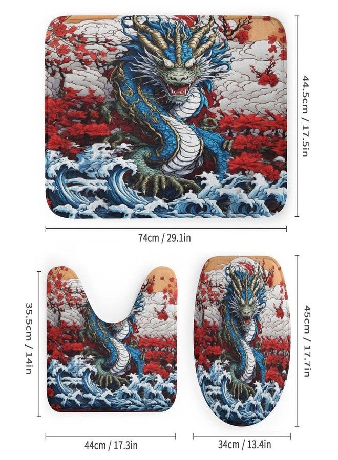 FBMLBRB Brebasf Cool Japanese Anime Dragon 4 Pieces Shower Curtain Set, Vintage Watercolor Japan Great Wave Dragon Non-Slip Rugs Toilet Lid Cover Bath Mat and Bathroom Curtain - Image 3