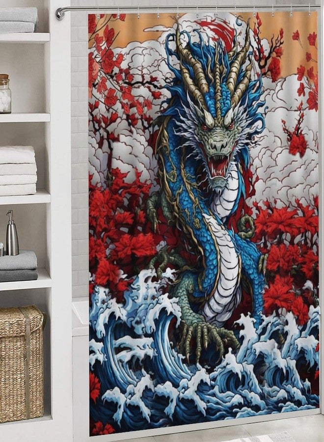 FBMLBRB Brebasf Cool Japanese Anime Dragon 4 Pieces Shower Curtain Set, Vintage Watercolor Japan Great Wave Dragon Non-Slip Rugs Toilet Lid Cover Bath Mat and Bathroom Curtain - Image 5