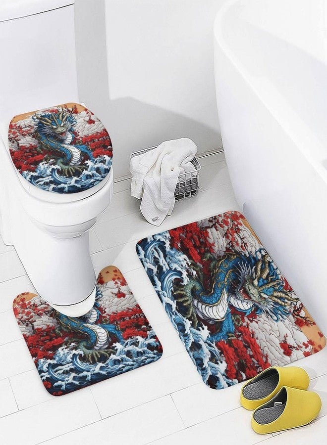 FBMLBRB Brebasf Cool Japanese Anime Dragon 4 Pieces Shower Curtain Set, Vintage Watercolor Japan Great Wave Dragon Non-Slip Rugs Toilet Lid Cover Bath Mat and Bathroom Curtain - Image 4