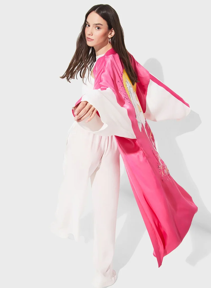 جون Printed Tie Detail Kimono