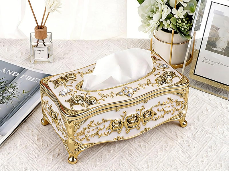 acdiac Bling Rhinestone Tissue Box Holder,Luxurious European Style Rose Tissue Box Cover for edroom,Office,Bathroom,Home,Travel,Restaurant(Gold&White) - Image 2