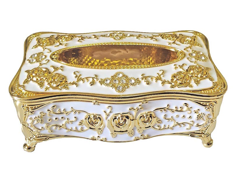 acdiac Bling Rhinestone Tissue Box Holder,Luxurious European Style Rose Tissue Box Cover for edroom,Office,Bathroom,Home,Travel,Restaurant(Gold&White) - Image 1