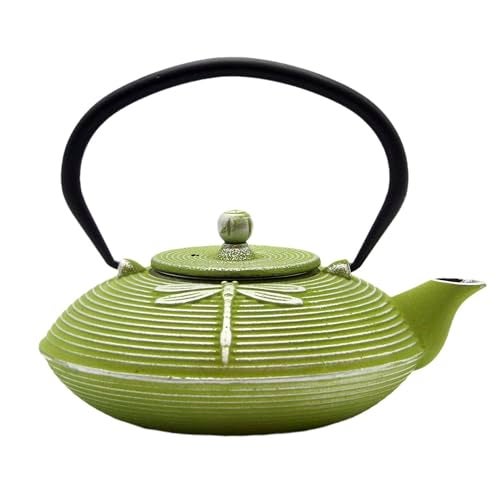 SECHUDO Cast Iron Teapot,SECHUDO Tea Kettle Coated with Enameled Interior for Loose Tea,Cast Iron Teapot with Stainless Steel Infuser for Stovetop Safe (27.1oz Flat Dragonfly Pattern) - Image 1