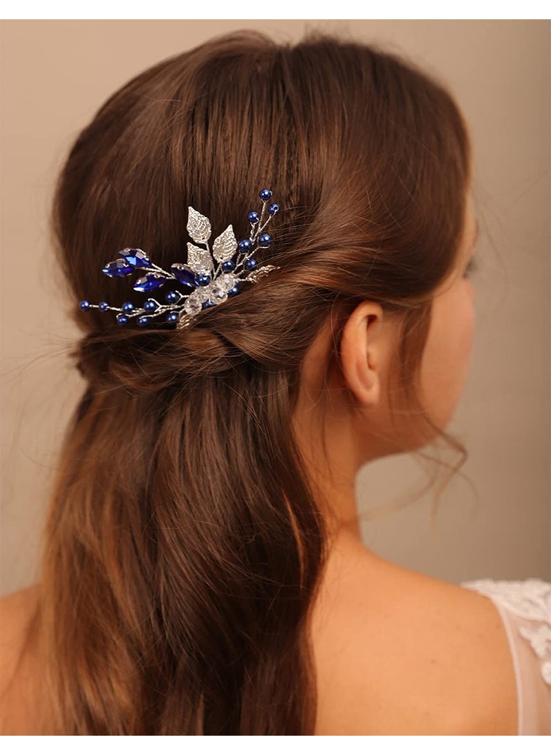 YERTTER - YERTTER Wedding Bridal Hair Comb decorative Rhinestone Bride Crystal Leaf Beads Comb Crystal Silver Handmade Updo Comb Clip Head Pieces for Women Flower Girls Blue - Image 1