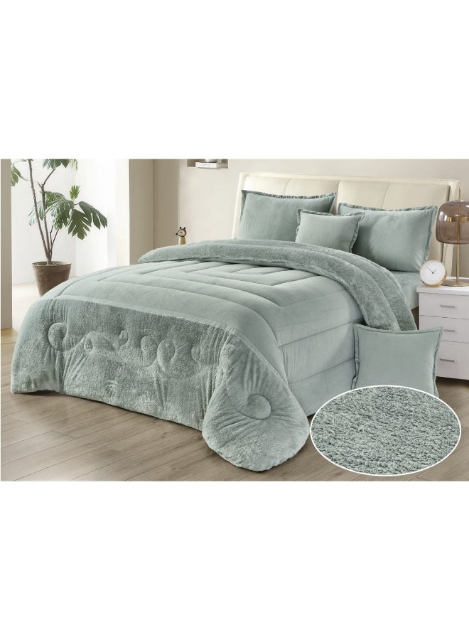 مون طقم مفارش يتكون من 6 قطع - 1 مفرش شتوي نفرين نظام وجهين وجه مخمل وجه فرو صناعي + 1 شرشف + 2 أكياس مخدة + 2 أكياس وسادة مربعة - مقاس المفرش 230X250 سم - Image 1