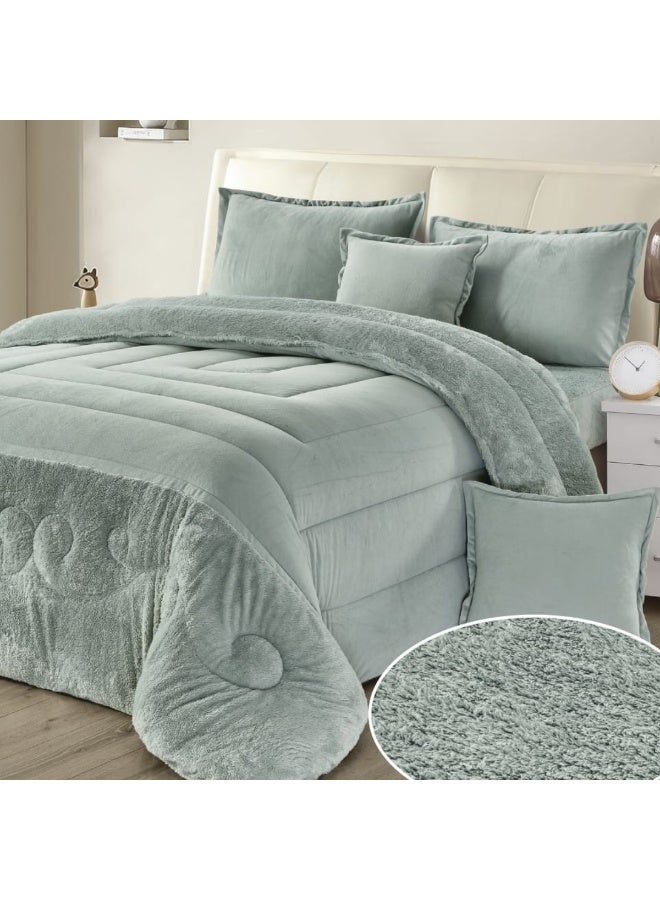 مون طقم مفارش يتكون من 6 قطع - 1 مفرش شتوي نفرين نظام وجهين وجه مخمل وجه فرو صناعي + 1 شرشف + 2 أكياس مخدة + 2 أكياس وسادة مربعة - مقاس المفرش 230X250 سم - Image 2