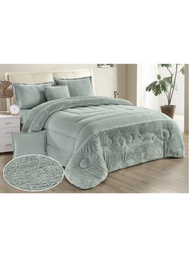 مون طقم مفارش يتكون من 6 قطع - 1 مفرش شتوي نفرين نظام وجهين وجه مخمل وجه فرو صناعي + 1 شرشف + 2 أكياس مخدة + 2 أكياس وسادة مربعة - مقاس المفرش 230X250 سم - Image 5