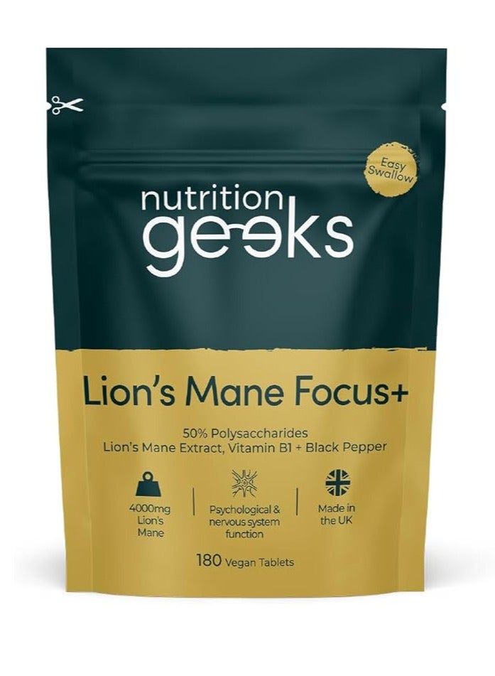 Nutrition Geeks Lion's Mane Supplement 4000mg with Vitamin B1 & Black Pepper - 180 Vegan Tablets for Mental Performance & Nervous System Support, Made in the UK. - Image 1