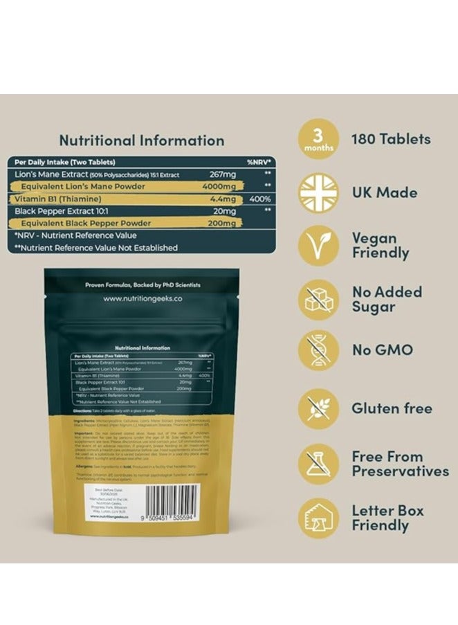 Nutrition Geeks Lion's Mane Supplement 4000mg with Vitamin B1 & Black Pepper - 180 Vegan Tablets for Mental Performance & Nervous System Support, Made in the UK. - Image 3