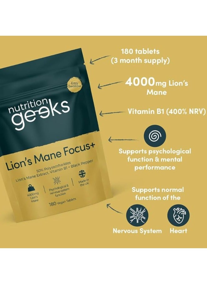 Nutrition Geeks Lion's Mane Supplement 4000mg with Vitamin B1 & Black Pepper - 180 Vegan Tablets for Mental Performance & Nervous System Support, Made in the UK. - Image 2