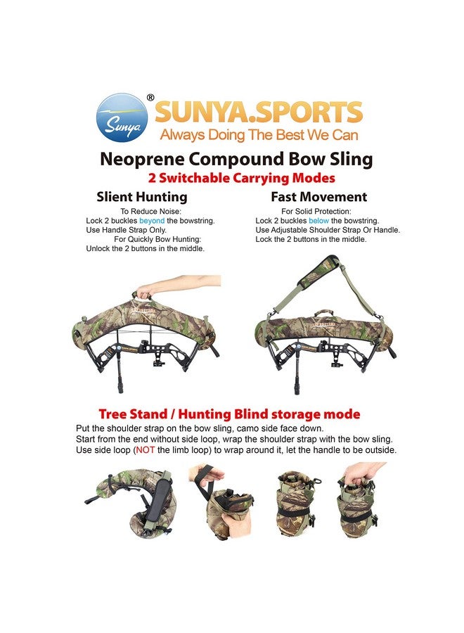Sunya SUNYA Neoprene Compound Bow Sling, Silent Hunting or Fast Movement 2 Carrying Modes Switchable. Padded Shoulder Sling Removable & Adjustable. Camouflage Fabric. (Camo with Green Strap)  - Image 2