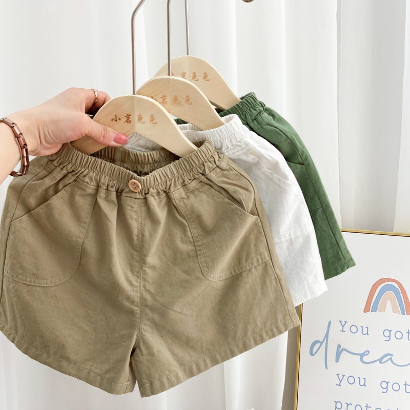 White Khaki New Summer Pure Color Cotton Thin Shorts for Boys and Girls, Breathable Outer Wear, Western Style Casual Pants - Image 3