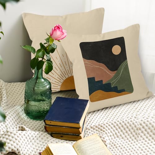 Liosei HUYAW Boho Throw Pillow Covers 18x18,Boho Sun Sunset Sunrise Rainbow Mountain Throw Pillows Covers, abstract pillow covers Cover For Bed Couch Room Sofa Decor Set Of 4 - Image 5