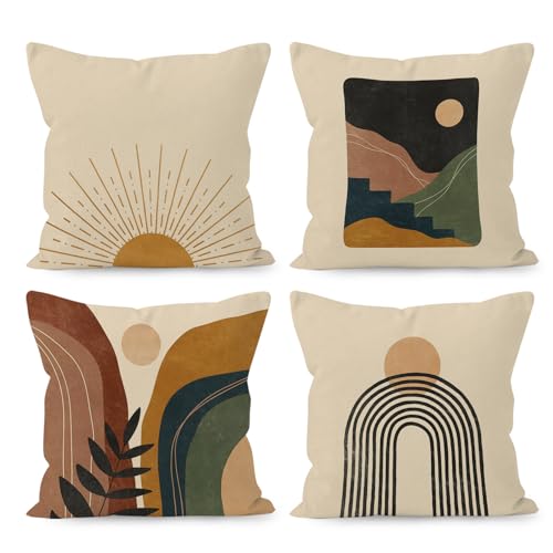 Liosei HUYAW Boho Throw Pillow Covers 18x18,Boho Sun Sunset Sunrise Rainbow Mountain Throw Pillows Covers, abstract pillow covers Cover For Bed Couch Room Sofa Decor Set Of 4 - Image 1