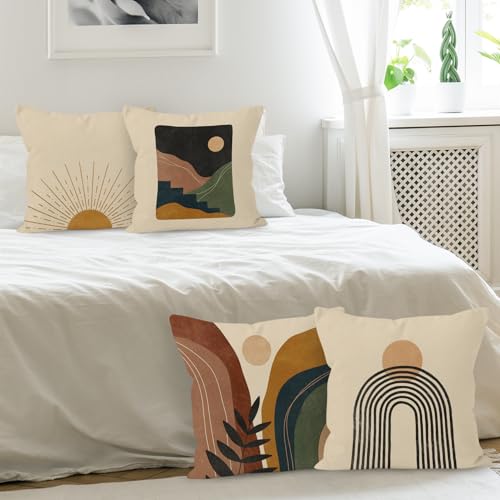 Liosei HUYAW Boho Throw Pillow Covers 18x18,Boho Sun Sunset Sunrise Rainbow Mountain Throw Pillows Covers, abstract pillow covers Cover For Bed Couch Room Sofa Decor Set Of 4 - Image 3