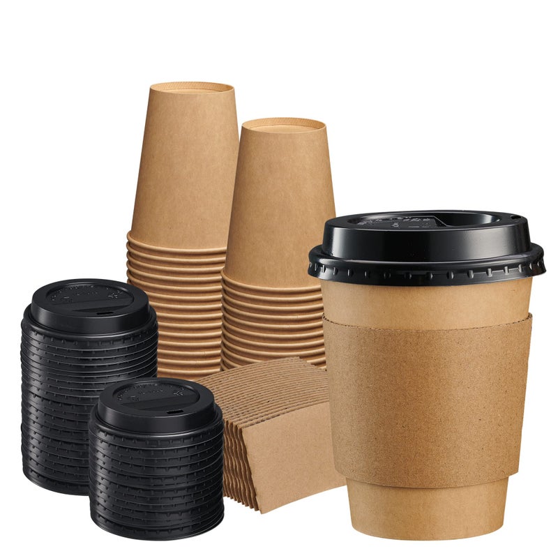 GUSTO [50 Sets 12 oz. Disposable Kraft Coffee Cups with Black Lids  Sleeves - To Go Paper Hot Cups (Formerly Comfy Package) - Image 1