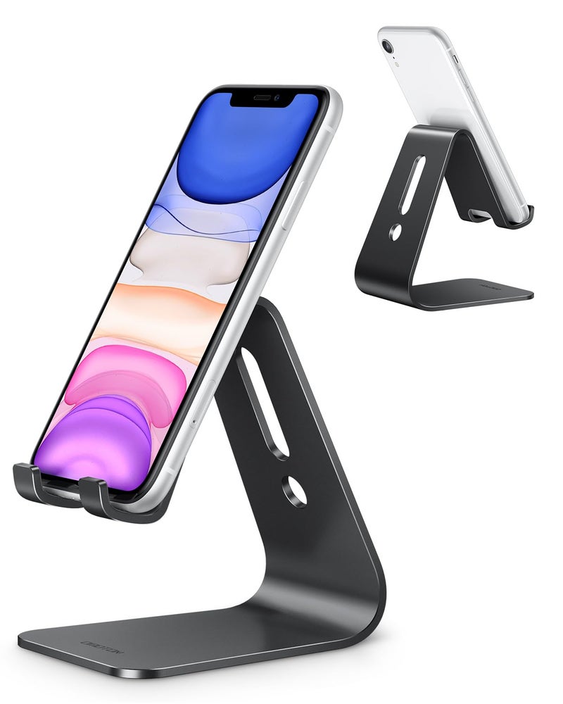 OMOTON Upgraded Aluminum Cell Phone Stand, C1 Durable Cellphone Dock with Protective Pads, Smart Stand Designed for iPhone 17 Air, 16/15/14/13 Pro Max XR XS, iPad mini, Android Phones, Black - Image 1