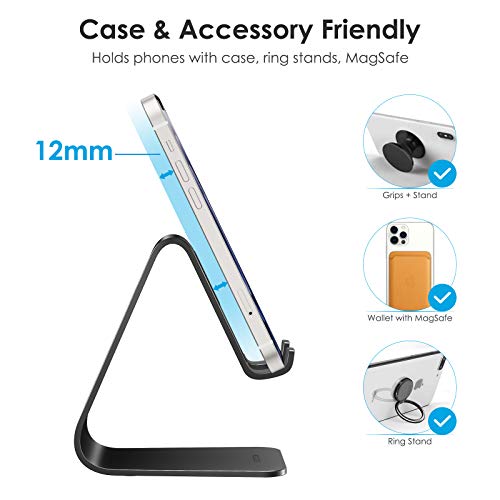 OMOTON Upgraded Aluminum Cell Phone Stand, C1 Durable Cellphone Dock with Protective Pads, Smart Stand Designed for iPhone 17 Air, 16/15/14/13 Pro Max XR XS, iPad mini, Android Phones, Black - Image 4