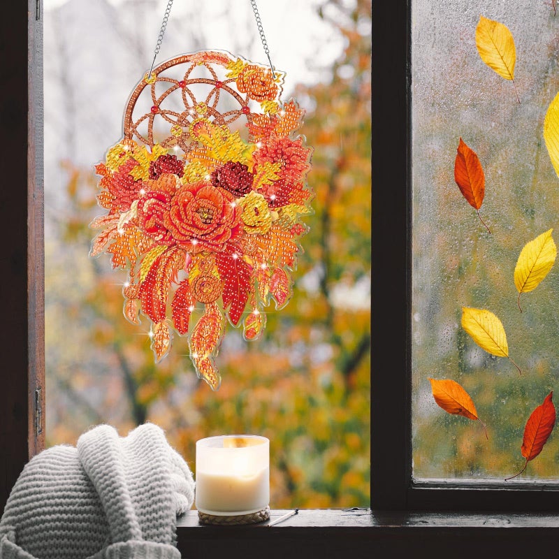 Saillong 2 Pcs Fall Thanksgiving Diamond Art Hanging Kits for Adults DIY Thanksgiving Diamond Painting Suncatcher Fall Pumpkin Dream Catcher Hanging Decor Autumn Wind Chime Decor for Home Wall Window - Image 2