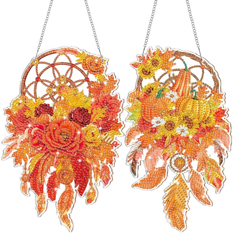 Saillong 2 Pcs Fall Thanksgiving Diamond Art Hanging Kits for Adults DIY Thanksgiving Diamond Painting Suncatcher Fall Pumpkin Dream Catcher Hanging Decor Autumn Wind Chime Decor for Home Wall Window - Image 1