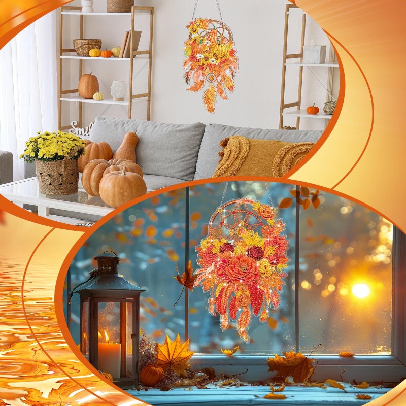 Saillong 2 Pcs Fall Thanksgiving Diamond Art Hanging Kits for Adults DIY Thanksgiving Diamond Painting Suncatcher Fall Pumpkin Dream Catcher Hanging Decor Autumn Wind Chime Decor for Home Wall Window - Image 5