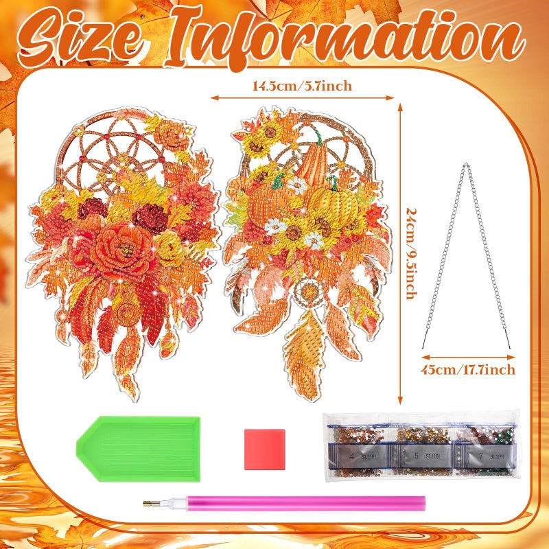 Saillong 2 Pcs Fall Thanksgiving Diamond Art Hanging Kits for Adults DIY Thanksgiving Diamond Painting Suncatcher Fall Pumpkin Dream Catcher Hanging Decor Autumn Wind Chime Decor for Home Wall Window - Image 4