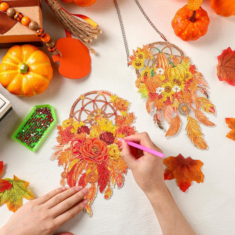 Saillong 2 Pcs Fall Thanksgiving Diamond Art Hanging Kits for Adults DIY Thanksgiving Diamond Painting Suncatcher Fall Pumpkin Dream Catcher Hanging Decor Autumn Wind Chime Decor for Home Wall Window - Image 3