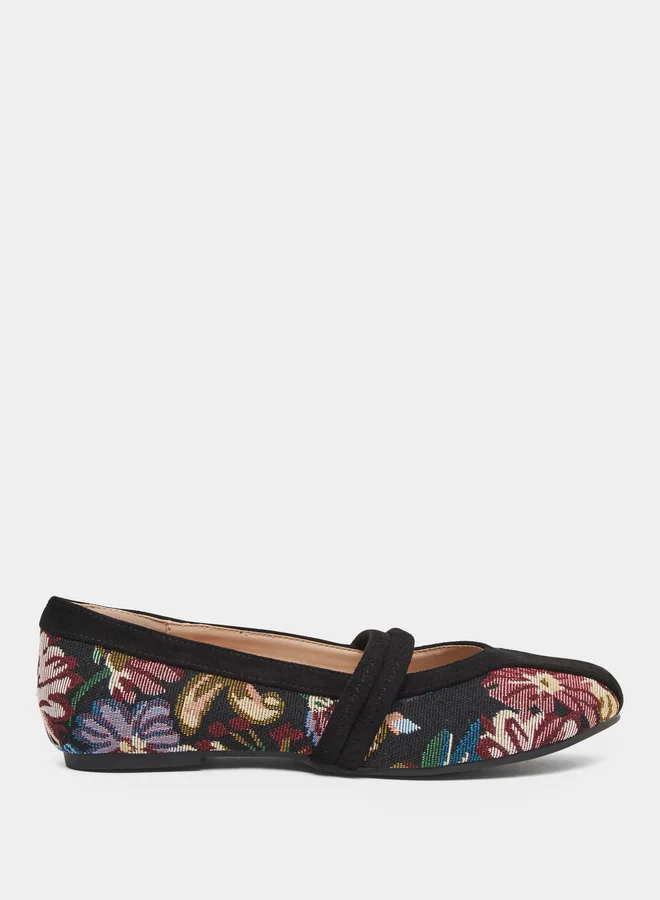 Styli Black Floral Pattern Ballerina Shoes