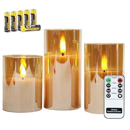 Rhytsing Gold Glass Battery Operated Candles with Remote, Flameless LED Candle Gift Set, Warm White Light - Include 6 Batteries - Image 1
