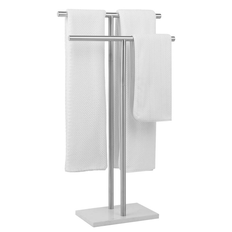 WISATO - Free Standing Towel Rack for Bathroom - Brushed Nickel Finish - Stand Alone 2 Tier Stainless Steel Towel Rack for Bathroom Floor with Heavy Marble Base, Double T Shape Drying Stand for Towels - Image 1