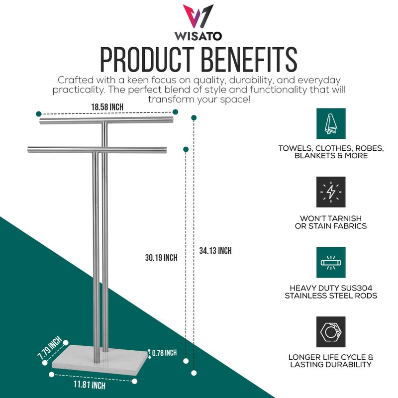 WISATO - Free Standing Towel Rack for Bathroom - Brushed Nickel Finish - Stand Alone 2 Tier Stainless Steel Towel Rack for Bathroom Floor with Heavy Marble Base, Double T Shape Drying Stand for Towels - Image 3