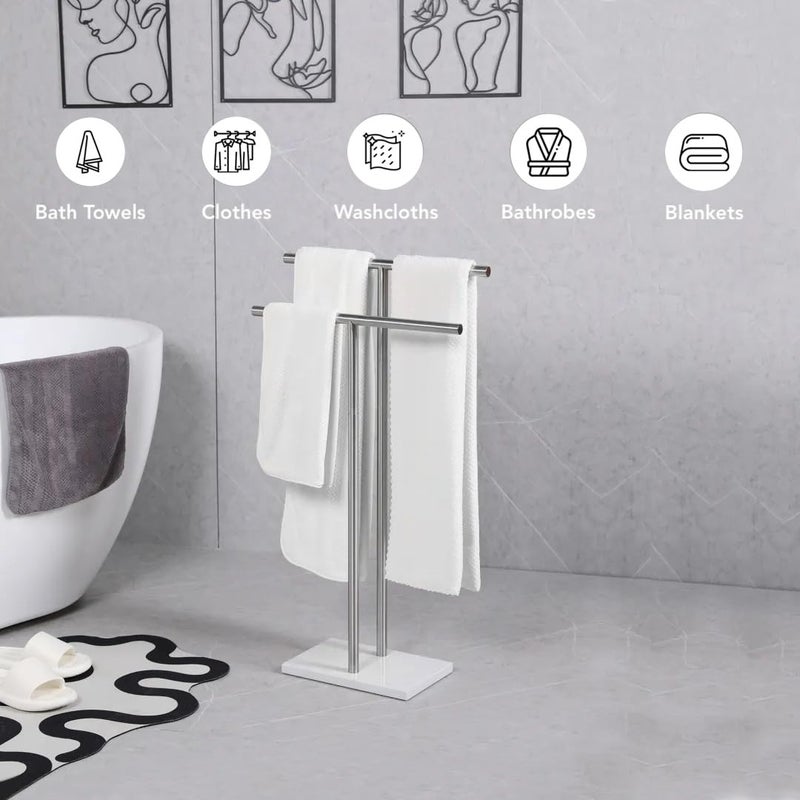WISATO - Free Standing Towel Rack for Bathroom - Brushed Nickel Finish - Stand Alone 2 Tier Stainless Steel Towel Rack for Bathroom Floor with Heavy Marble Base, Double T Shape Drying Stand for Towels - Image 2