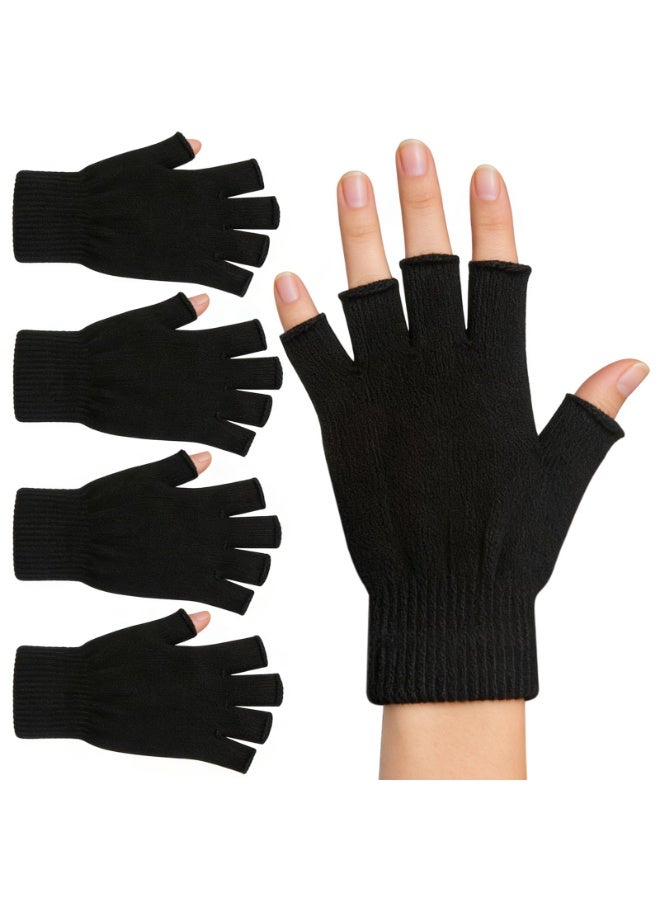 Fingerless Gloves Half Finger Winter Warm Knit Thermal Working Running Biking Driving Typing Men Women Black - Image 1