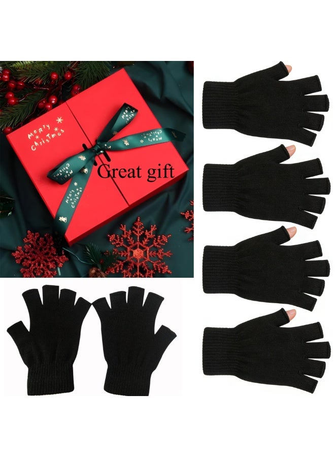 Fingerless Gloves Half Finger Winter Warm Knit Thermal Working Running Biking Driving Typing Men Women Black - Image 4