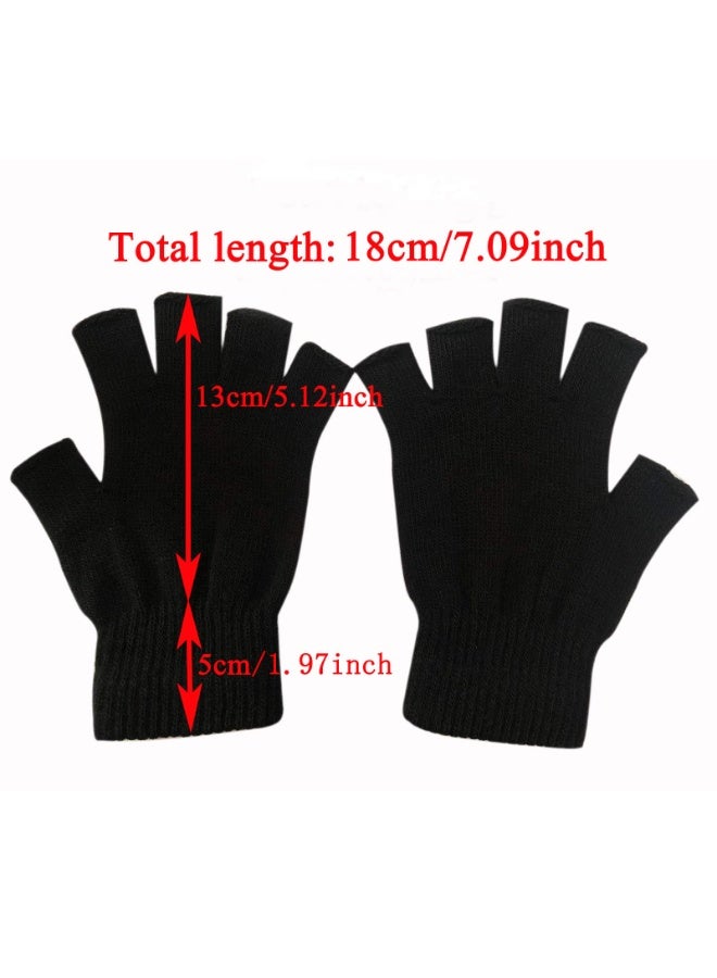 Fingerless Gloves Half Finger Winter Warm Knit Thermal Working Running Biking Driving Typing Men Women Black - Image 2