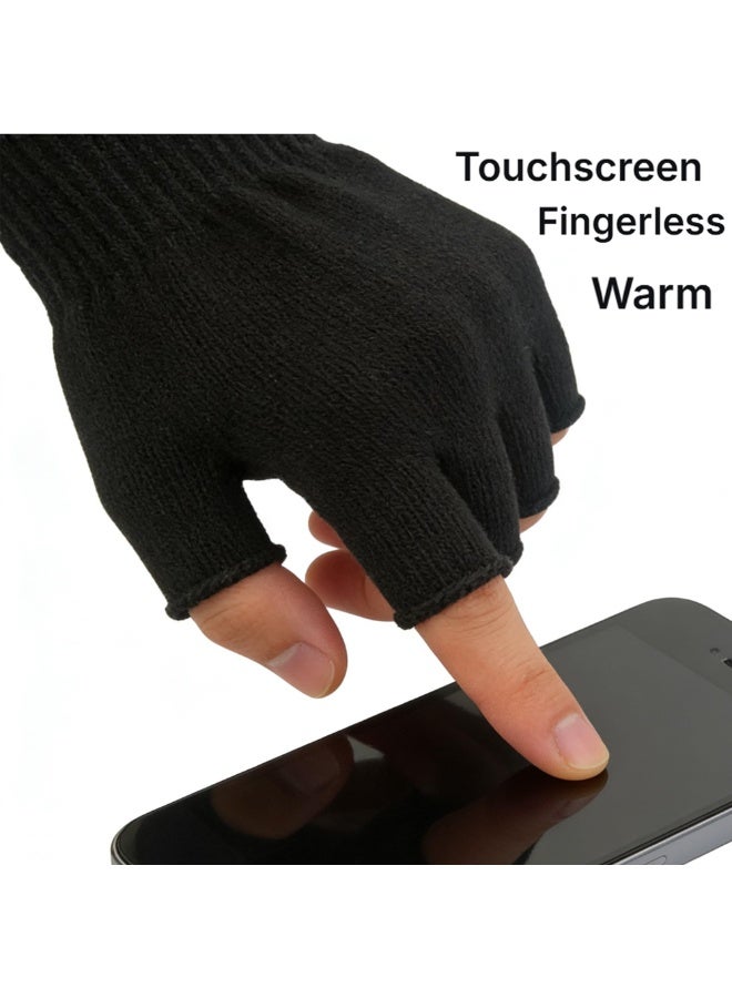 Fingerless Gloves Half Finger Winter Warm Knit Thermal Working Running Biking Driving Typing Men Women Black - Image 3